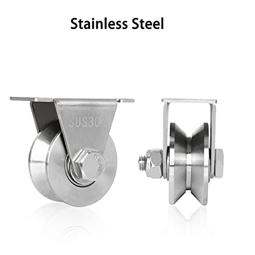 CertBuy 2 Pack 2 Inch V Groove Wheel Pulley, 304 Stainless Steel Silent Pulley Block, Heavy Duty Caster Wheels Sliding Gate Rollers Pressure Bearing Pulley, Loading 880lb for Handling and Moving