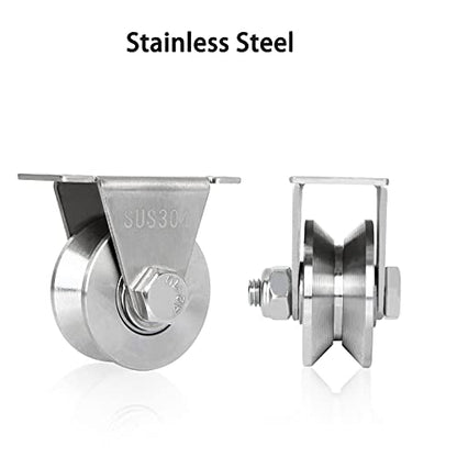 CertBuy 2 Pack 2 Inch V Groove Wheel Pulley, 304 Stainless Steel Silent Pulley Block, Heavy Duty Caster Wheels Sliding Gate Rollers Pressure Bearing Pulley, Loading 880lb for Handling and Moving