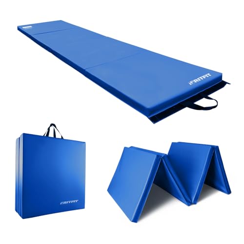 RitFit Upgraded Folding Exercise Mat, 2 Inch Thick Gymnastics Mat | Tumble Mat with Carrying Handles for Yoga, MMA, Stretching, Core Workouts and Home Gym Protective Flooring - color: Blue(2' x 8')