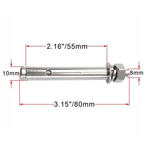 10 Pack M8x80mm Expansion Bolts Anchor Bolt 304 Stainless Steel External Hex Expansion Screw Bolt Sleeve Anchor Fastener Wall Concrete - size: M8*80