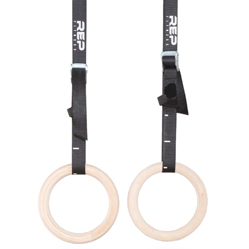 REP Fitness Wood Gymnastic Rings with Numbered Heavy Duty Adjustable Straps - Perfect for Cross-Training Workouts, Gymnastics and Conditioning - size: 1.25", style: 7.5' Straps