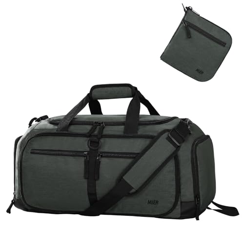 MIER Foldable Duffle Bag with Shoe Compartment 50L Travel Duffel Bags for Men Women Packable Overnight Bag for Camping Gym Weekender, Green Gray - color: Green Gray, size: 50L