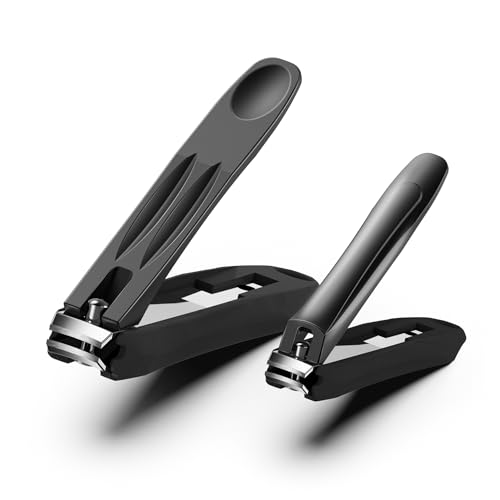 FVION Large Nail Clippers with Catcher, 2 PCS Anti-Splash Fingernail & Toenail Clippers, Stainless Steel Self-Collecting Nail Cutters for Effortless Nail Care - Metal Case Packing - color: Light Black