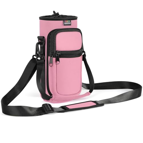 Nuovoware Water Bottle Carrier Bag, 25oz/32oz Bottle Pouch Holder, Adjustable Shoulder Hand Strap 2 Pocket Sling Neoprene Sleeve Sports Accessories for Men/Women Hiking Travelling, Pink - color: Pink, size: 25-32 Ounces - Standard