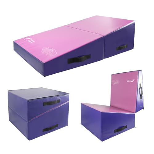 Kangaroo Hoppers Gymnastics Cheese Wedge Mat for Kids Ages 1-12 | 3 Sizes Folding Incline Mat with High-Density EPE Foam and Removable PVC Leather Cover, Home Gym Training Equipment - color: Purple/Pink, size: 56" x 28" x 15"
