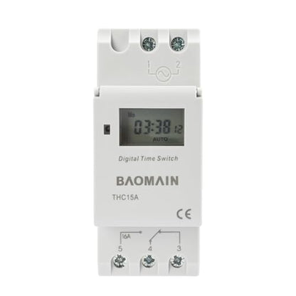 BAOMAIN THC15A 12V Digital Programmable Timer Switch,16A Weekly Relay | AC/DC 12V Power Input with 16A Max Switch Capacity,Up To 250VAC,Supports 28 Weekly Settings. Din Rail Mount