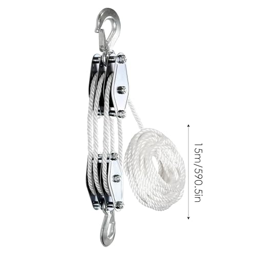 Rope Hoist Pulley System Multifunctional 2200 LBS Breaking Strength | 3/8 Rope for Lifting Hoisting Rigging Garage Shop Hunting Farm Construction Industrial Warehouse Marine Overhead Recovery - color: White