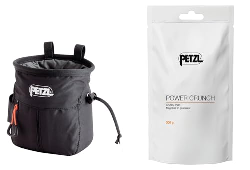 Petzl SAKAPOCHE Rock Climbing Chalk Bag | Ergonomic Chalk Pouch with Zippered Pocket for Gym, Sport, & Trad Climbing - color: Black + 300 g powder crunch chalk