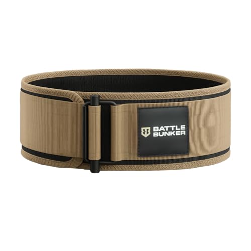 Battle Bunker Weight Lifting Belt - 4" Back Support Self-Locking Gym Belt | Adjustable lifting belt designed for Powerlifting, Squats, Deadlifts & Olympic lifting - optimal strength training support - color: Desert Tan, size: Medium