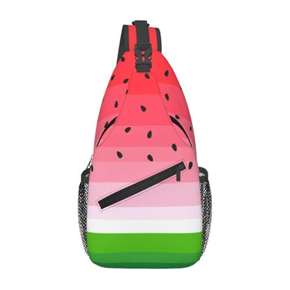 Cute Cartoon Watermelon Crossbody Sling Bags for Women Men Watermelon Background with Black Seeds Travel Sling Backpack Casual Shoulder Bag Tropical Summer Fruit Gym Sports Hiking Daypack - color: Red Pink Green