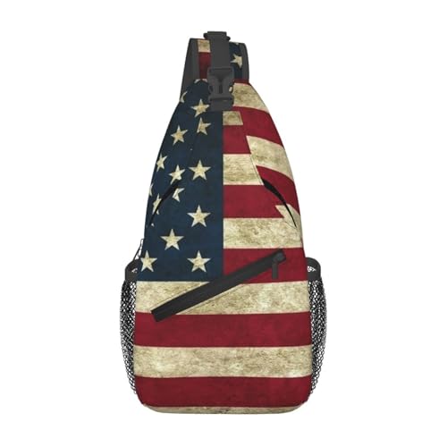 American Flag Crossbody Sling Bags for Women Men Vintage USA Flag Retro Striped Design Travel Sling Backpack Casual Chest Shoulder Bag Old Aged Grunge Art Gym Sports Hiking Daypack - color: Red Blue