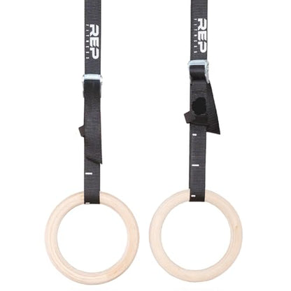 REP Fitness Wood Gymnastic Rings with Numbered Heavy Duty Adjustable Straps - Perfect for Cross-Training Workouts, Gymnastics and Conditioning - size: 1.11", style: 7.5' Straps