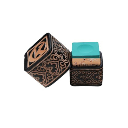 KONLLEN Leather Magnetic Chalk Holder, Pool Cue Accessory | Round or square engraved leather holder keeps billiard chalk secure and easy to reach during pool play. - color: VT Holder-Green Holder