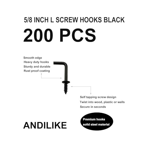 200 PCS 7 Shaped Right Angle Screw Hooks, 5/8 Inch Small Black Screw in L Shaped Hooks for Hanging Lamp,Plants,Decorations,kitchenware and DIY Crafts - size: 5/8inch 200pcs