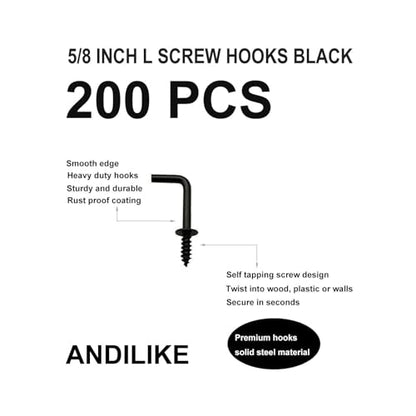 200 PCS 7 Shaped Right Angle Screw Hooks, 5/8 Inch Small Black Screw in L Shaped Hooks for Hanging Lamp,Plants,Decorations,kitchenware and DIY Crafts - size: 5/8inch 200pcs