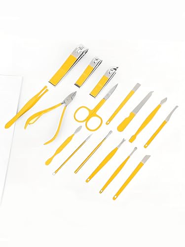 16-Piece Professional Manicure & Pedicure Kit - Comprehensive Nail Care Set with Stainless Steel Tools and Leather Case Yellow - color: Yellow
