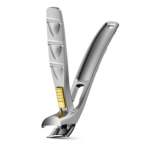 BALUCA Ergonomic Nail Clipper for Seniors - Toenail Clipper for Thick Toenails and Fingernails, Long Handle Nail Clippers with Catcher (Silver, Medium Handle with Lock) - color: Silver, size: Medium Handle With Lock