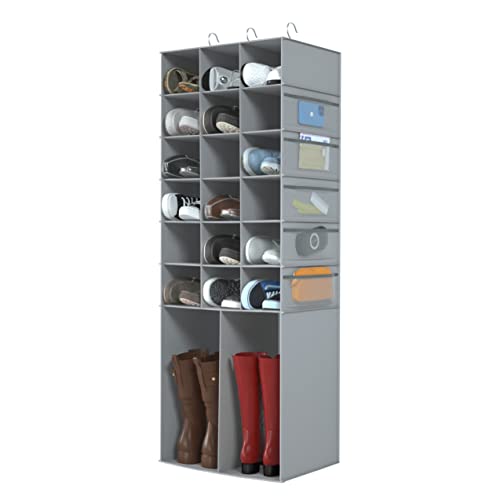 Libeder Hanging Shoe Organizer for Closet,18 Sections Shoe Hanging Closet Organizers & 2 Large Pocket for Boot Storage, Closet Organizers and Storage Space-Saving Shoe Rack & Holder,Grey | Hanging Closet Organizer with Side Pockets for Wardrode,Dorm, Fold