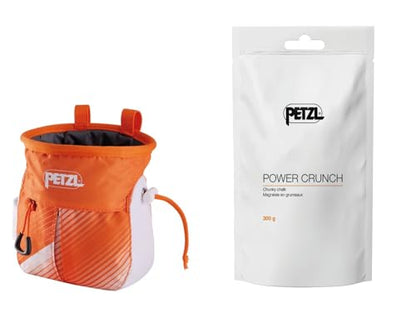 Petzl SAKAPOCHE Rock Climbing Chalk Bag | Ergonomic Chalk Pouch with Zippered Pocket for Gym, Sport, & Trad Climbing - color: Orange/White + 300 g Powder Crunch Chalk