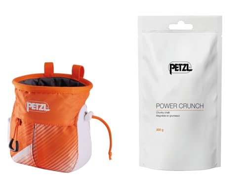 Petzl SAKAPOCHE Rock Climbing Chalk Bag | Ergonomic Chalk Pouch with Zippered Pocket for Gym, Sport, & Trad Climbing - color: Orange/White + 300 g Powder Crunch Chalk