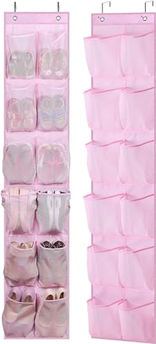 MISSLO Over The Door Shoe Organizer 12 Large Mesh Pockets Hanging Narrow Closet Door, Baby Hanging Shoe Rack Kids Closet Storage bags for Girl Women Men Toddler Nursery, Pink, 2 Pack - color: Pink