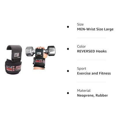 Weight Lifting Rod Hooks Heavy Duty Wrist Wraps Power Weight Lifting Training Gym Grips Straps Set of 2 - color: REVERSED Hooks, size: MEN-Wrist Size Large
