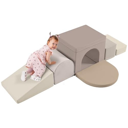Merax Indoor Soft Foam Tunnel Climber, Toddler Climbing Toys with Tunnel, Steps and Ramp, Soft Climb and Crawl Playset Baby Soft Foam Blocks, 7-piece - color: Cappuccino