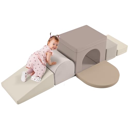 Merax Indoor Soft Foam Tunnel Climber, Toddler Climbing Toys with Tunnel, Steps and Ramp, Soft Climb and Crawl Playset Baby Soft Foam Blocks, 7-piece - color: Cappuccino