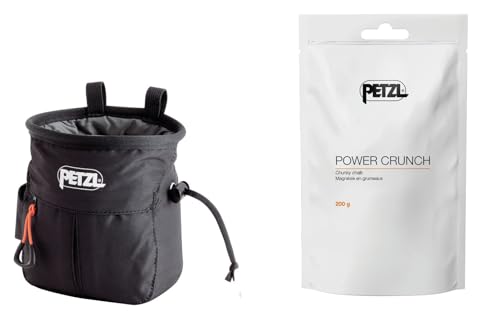 Petzl SAKAPOCHE Rock Climbing Chalk Bag | Ergonomic Chalk Pouch with Zippered Pocket for Gym, Sport, & Trad Climbing - color: Black + 200 g powder crunch chalk