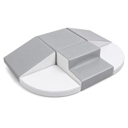 Hoohtoot Soft Foam Climbing Blocks for Toddlers: 6-Piece PU Leather Play Set - Kids Climbing and Crawling Toys - Indoor Baby Play Structure - Fun Learning Gym - style: Grey/White