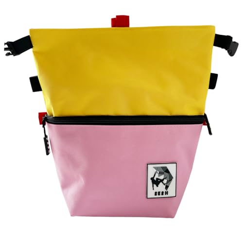 SESH Chalk Bucket - Large Size Chalk Bag for Climbing & Bouldering with Magnetic Closure, 4 Brush Holders, & 2 Side Pockets with Mesh Organizer - Durable - color: Sunrise