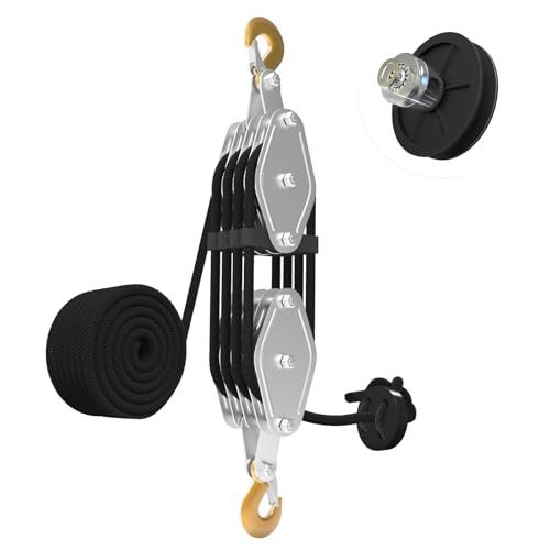 YATOINTO Rope Hoist Pulley System with Rope Guide Metal Bearing, 4400LB Pulley Block and Tackle, 8:1 Lifting Power 65ft, Heavy Duty Pulley Block for Hunting Lifting Pulling Garage Warehouses Building - color: black, size: (Anti-tangle)4wheels