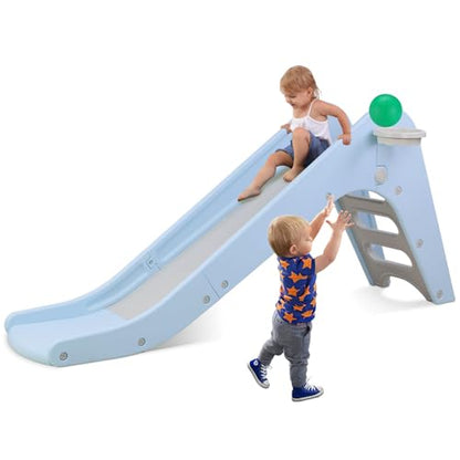 Toddler Indoor Slide, Foldable Baby Climber Playset with Basketball & Hoop | 63 in Extra Long Slope, Non-Slip Steps, Sturdy Plastic, Outdoor Playground for Backyard, Home & Playroom Use, Sky Blue - color: Sky Blue