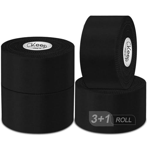 CKeep Athletic Tape, Original Cotton Waterproof Sports Tape 4 Packs, Black | Very Sturdy No Glue Residue Wrist Ankle Tape for Climbing, Boxing, Athletes, Baseball Bats, Strains, Sprains, Injuries - size: 4 Rolls
