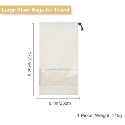 4 Pcs Single Shoe Bags for Travel, Drawstring Shoe Bags with Clear Window | 9.1"x17.7" Fits Most Shoes, Dust Resistant, Washable & Reusable, Travel Shoe Storage Bags for Men & Women - color: Beige
