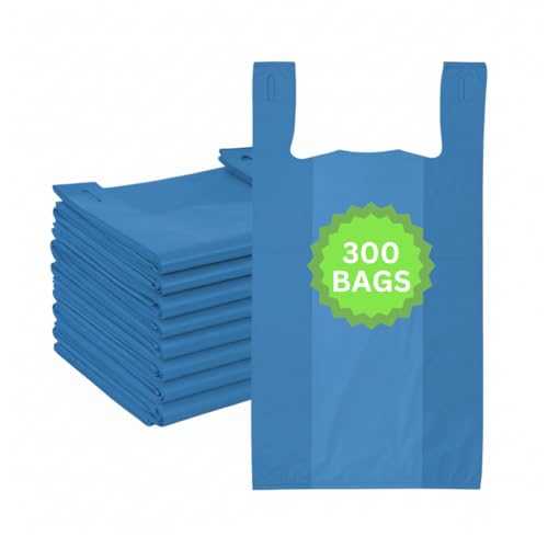 ASSUREPAK Blue Colored Unprinted Plastic T-Shirt Bags - 1/10 BBL 8"X4"X15" - 300 Units - 14 microns - Blue - Perfect for Groceries, Shopping, Boutique Bags, Party Decorations and Retail Stores