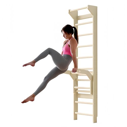 Swedish ladder wall gym adult & Pull Up Bar Gymnastics Bar – Ultimate Wall Bars for Exercise with Adjustable Dip Bar Attachment,Moves wall bars, Wood Stall Bars for Home, Calisthenics, Physical Therapy and Kids Training - color: White