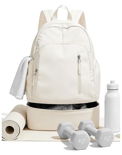BJLFS Gym Backpack for Women Foldable Outdoor Weekender Gym Bag with Shoe Compartment & Wet Pocket, Waterproof Sports Backpack, Dance Back Pack & Yoga Track Bag-Beige - color: White