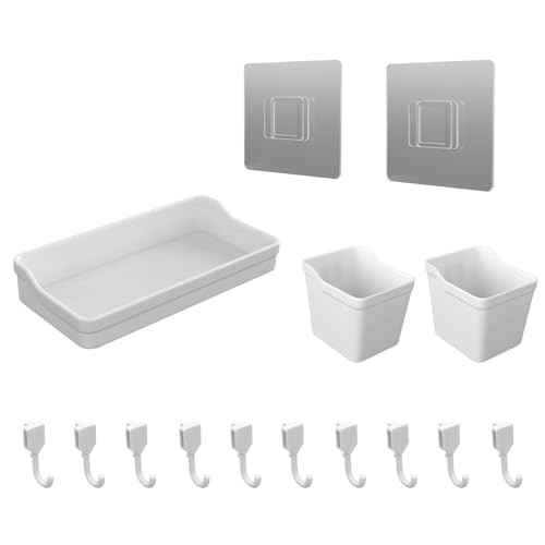 Pegboard Wall Organization Accessories Pack - 25 Pieces of White Hooks, Storage Bins & Fastening Strips (White) - color: White