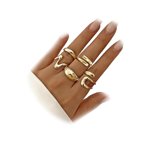 YEEZII Chunky Gold Rings for Women Non Tarnish, 18K Gold Plated Stackable Thumb Ring, Statement Women Rings Set - color: Gold-B