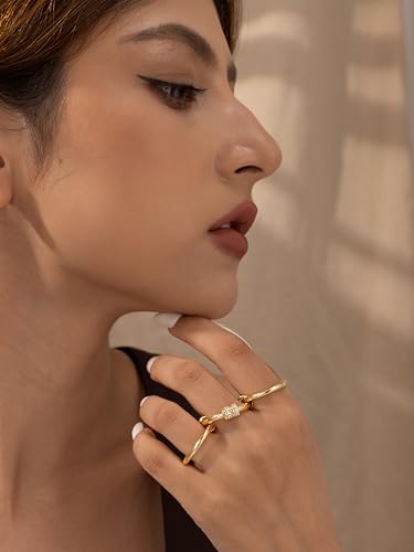 Gold Stackable Rings for Women Non Tarnish, Dainty 14K Gold/Silver Plated Cubic Zirconia Spinelli Ring Chunky Multi Rings Mixed Metals Ring Stack Set Non Tarnish Jewelry - color: Plain-Gold, size: 7