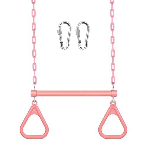 LadyRosian 17" Trapeze Bar Swing Set Gym Rings 47" Heavy Duty Chain Swing Set Accessories with Locking Carabiners Plastic Coated Chains Monkey Bars for Backyard, Playroom (Pink) - color: Pink, size: 17"