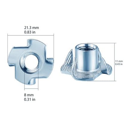 T-Nuts M8x11 (50 pcs), zinc Plated Steel, for Wood, Climbing Holds and cabinets - color: Zinc, size: M8