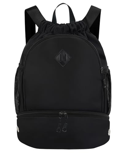 RHDZO Drawstring Backpack Gym Backpack with Shoe Compartment for Men Women String Sports Bag with Wet Pocket Cinch Swim Beach Bag, Large Black - color: Large Black, size: Large