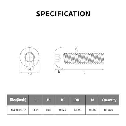VGBUY 80Pcs 1/4-20 x 3/8" Button Head Socket Cap Bolts Screws,304 Stainless Steel 18-8,Black Zinc Plating,Fully Threaded,with Spanner Allen Hex Drive, for Furniture,Water Pump,Light Fixture(VG10301) - color: Black, size: 1/4-20 x 3/8"