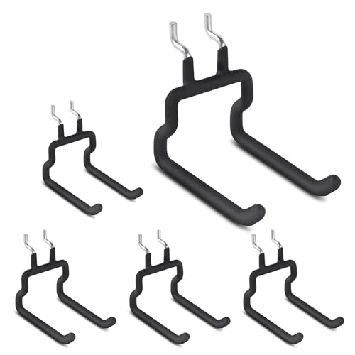 Utility Heavy Duty Pegboard Hooks, 5Pack Peg Board Accessories Tool Hangers | Fit 1/8" 1/4" Peg Holes, Double Arm Peg Board Bracket, Rubber Coated, Large Tool Organizer for Garage Workshop Shed Craftroom - style: 5 Pack