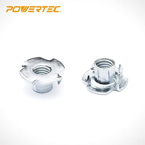 POWERTEC 3/8"-16 T Nuts, 100 Pack | 4 Pronged Tee Nuts for Bolts and Stem Caster Wheels, Threaded Inserts for Woodworking, Rock Climbing Holds and Furniture | 5/16" Length (QTN1112-P2) - size: 5/16", style: 3/8"-16