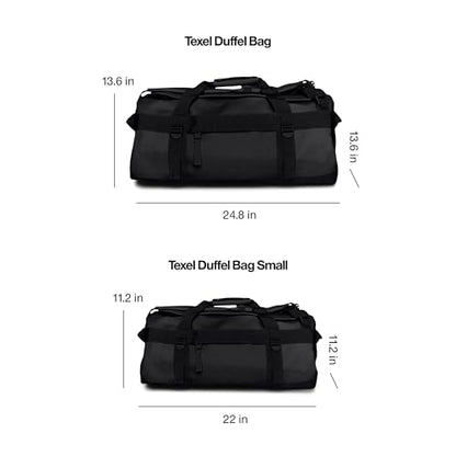 RAINS Texel Duffel – Waterproof Convertible Backpack Travel Bag, 14.8 gal | Waterproof PU duffel for women and men; 56 L convertible backpack, U-shaped zip, internal mesh pockets, padded straps - color: Black, size: Regular