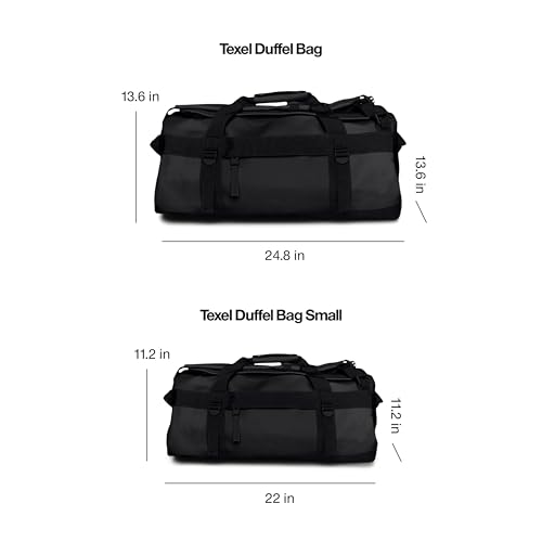 RAINS Texel Duffel Small – Waterproof Convertible Backpack, 11.4 gal | Waterproof PU duffel for women and men; 43 L convertible backpack, U-shaped zip, internal mesh pockets, padded straps - color: Black, size: Small