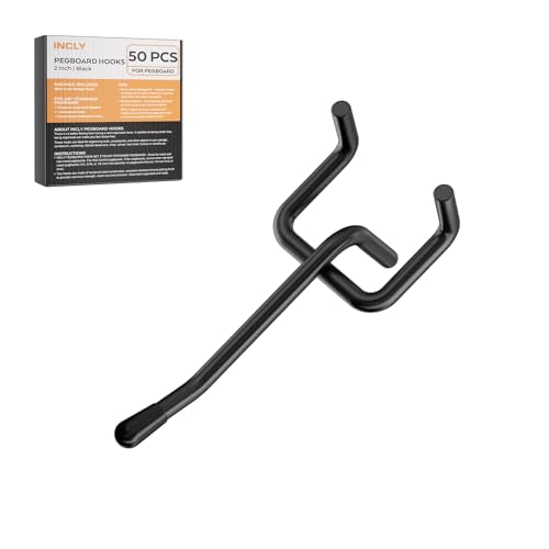 INCLY 50 Pack Black Pegboard Hooks, 2 Inch Metal Peg Board Hooks Accessories, Peg Board Tool Hangers Fit for 1/8“ and 1/4" Pegboard Hanging Tools for Garage, Craft Room, Kitchen, Store - color: Black, size: 2 Inch
